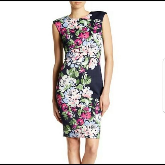 NWOT Vince Camuto Navy‎ Fitted Sheath Floral Midi Dress Size 2 - Picture 1 of 9